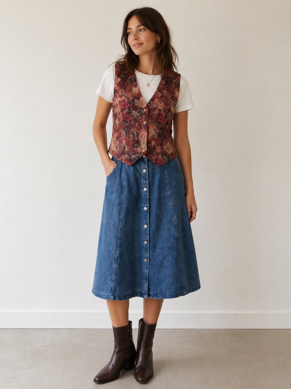 Vintage 90s Denim Midi Skirt | Button Front | A-Line - Picture 2 of 9